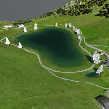 Das Projekt Speichersee kommt zur Mitwirkung - So soll der neue Speichersee auf dem Hornberg aussehen. Neben dem grossen See soll vor den zwei Hotels noch ein Retentionsbecken erbaut werden, in dem das Regenwasser gesammelt wird. Der bestehende See wird zugeschüttet. (Visualisierung: Bergbahnen Destination Gstaad AG
