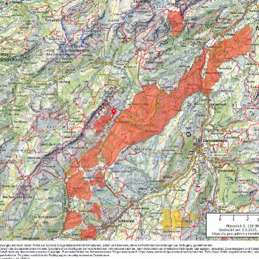 Abländschen hat einen Götti für Defibrillator-Service - Kartenausschnitt vom Gebiet Abländschen mit den Wildruhezonen (rot). KARTE: MAP.GEO.ADMIN.CH