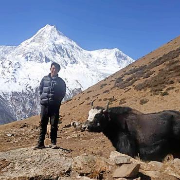 Zwei Nepalesen lernen käsen - Nima mit einem seiner Yaks.