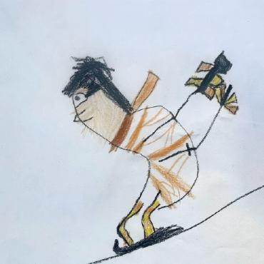 Snowli, glückliche Kinder und motivierte Skilehrer:innen - Ein Kunstwerk eines Skischülers.