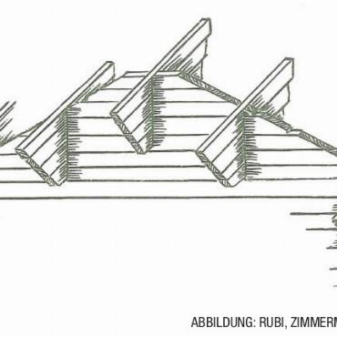 Lebendiges Kulturerbe: Wie das Saanerhaus zu seiner Hausform kam - Ab dem 16. Jahrhundert hatte das Heidenkreuz ausgedient: Die Zimmerleute begannen bei grösseren Gebäuden die Haupt- und Nebenfirsten des Dachs mit massiven, vorne abgeschrägten Konsolen zu unterbauen, um die fast 2 Meter herausragenden Dachbalken abzustützen. ABBILDUNG: RUBI, ZIMMERMANNSGOTIK