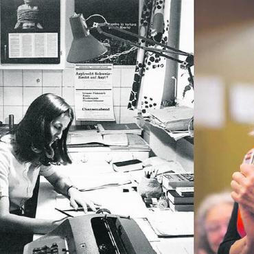 Amnesty-Gruppe Saanenland: Erinnerung an Marta Fotsch - Marta Fotsch 1977 in ihrem Büro bei sich zu Hause (links) und 2016 an der Amnesty-GV. FOTOS: © AMNESTY INTERNATIONAL
