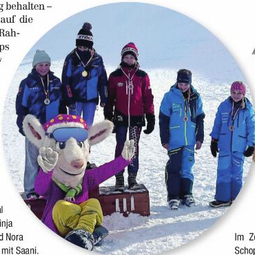 Traumhafte Pistenbedingungen und spannendes Kombi-Race am 2. Saane-Cup - Kategorie 5 Mädchen 2014/2015: v.l. Léonie von Siebenthal (SC Saanen), Joelle Steffen (SC Saanen), Fiona von Siebenthal (SC Turbach-Bissen), Finja Eggen (SC St. Stephan) und Nora Gerber (SC Lenk) mit Saani.