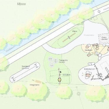 Vom Spielplatz zur modernen Begegnungswelt - So soll der neue Spielplatz in Schönried einmal aussehen. Die erst kürzlich erneuerte Seilbahn ganz links bleibt stehen, die Trampolins werden versetzt. Das Konzept sieht vor, dass im linken Abschnitt eher Spielgeräte für das individuelle Spielen installiert werden und rechts solche, die Begegnungen und gemeinsames Spielen fördern. VISUALISIERUNG: KUKUKSCHWEIZ