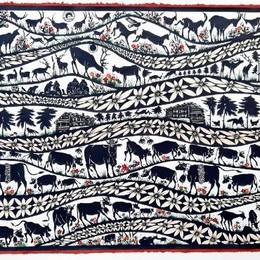 Aussergewöhnliche Scherenschnittkunst - Pflanzen und Tiere tanzen durch die Landschaft. ABBILDUNG: MONIKA FLÜTSCH