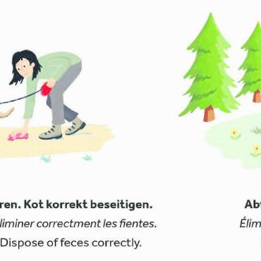 «Helfen Sie mit!» gegen Müll aller Art - Einfach zu verstehen: Im gleichen Stil wie der Trail Knigge zeigt die Kampagne das richtige und gewünschte Verhalten in ansprechenden Bildern auf. FOTO: ZVG