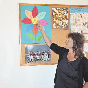 «Ich nehme grundsätzlich alle Kinder an!» - Karin Ast in ihrem Klassenzimmer, dem Reich aus Fotos, Gemälden und Tabellen. Die Blume, welche die Zusammenarbeit zwischen Lehrperson, Eltern und Kindern darstellt, ist ihr besonders ans Herz gewachsen. FOTOS: SONJA WOLF
