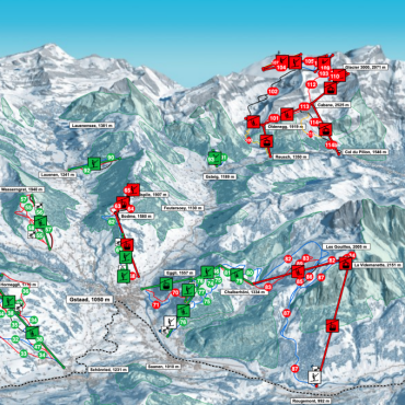 Einige Anlagen geschlossen wegen Wind- und Wetterwarnungen - Grün dargestellt sind die geöffneten Liftanlagen, rot markiert sind die geschlossenen. GRAFIK: Gstaad.ch