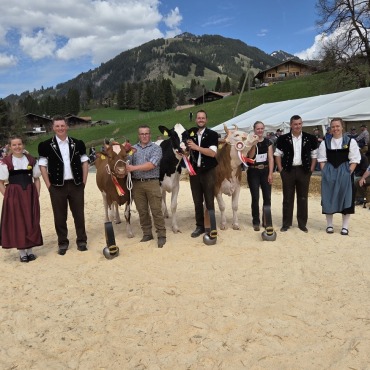 Wenn Leidenschaft auf Tradition trifft: Ein glanzvoller Tag für die Jungzüchter:innen - Präsentation der Missen: v.l. Ehrendame Bigna Reichenbach; Richter Sven Bigler; Miss SF von Toni Bergmann, Abländschen; Miss Red Holstein/Holstein von Viktor Reber, Zweisimmen; Miss Simmental von Vanessa Perren, St. Stephan; Ringmann Michael Zbinden und Ehrendame Debora Allenbach. (Foto: Eugen Donrbierer-Hauswirth)