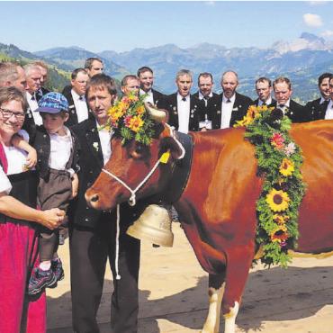 Prachtswetter am Gspan-Sufsunntig - Oben: Familie Melanie und Arnold Müllener mit Kuh Viki.