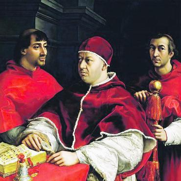 500 Jahre Kirche Lauenen: Sankt Petrus, Peter Tüller und der Petersdom - Gemälde von Raphael: Papst Leo X. de Medici (Amtszeit 1513–1522) gab Peter Tüller bei seinem Rombesuch 1518 die Erlaubnis zum Bau der Sankt-Petrus-Kirche in Lauenen. Links Kardinal Giulio de Medici, ein Cousin des Papstes, der 1523–1532 als Clemens VII. ebenfalls Papst wurde.