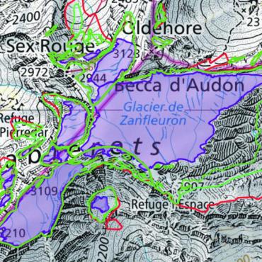 Klimawandel auf dem Glacier 3000: «Wir beobachten von Jahr zu Jahr, wie der Gletscher sich verändert» - Rückgang der Oberfläche des Tsanfleuron-Gletschers rot: 1850 hellgrün: 1930 dunkelgrün: 1973 violett: 2016 Quelle: GLAMOS/ swisstopo