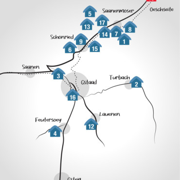 Wenn aus Club Familie wird - 	1: Chalet Saanenwald, Hornbergstrasse,  3777 Saanenmöser 	2: Tubegrabe-Stafel, Turbachstrasse 159,  3781 Turbach 	3: Ferienlager Eggli, Oeyetliweg 26,  3792 Saanen 	4: Gässlihof, Gässli 23, 3784 Feutersoey 	5	Ferienheim Länggass, Simneweg 4,  3777 Saanenmöser 	6: Ferienheim Region Fraubrunnen, Erliweg 5, 3778 Schönried 	7: Clubhaus Rüeblihorn, Lätzgüetliweg 7,  3777 Saanenmöserr 	8: Bümplizerhuus, Hornbergstrasse 25,  3777 Saanenmöser 	9: Ferienheim Buebebärg, Hubelstrasse 83, 3778 Schönried 	10: Clubhaus Spitz, Skiclub Weyermatt, Alte Saanenmöserstrasse 2, 3776 Oeschseite 	11: Ferienheim Heitimatte, Campingstrasse 10, 3785 Gsteig 	12: Ferienlager Gemeinde Lauenen, Kirchstrasse 21, 3780 Lauenen 	13: Lovell Mountain Lodge, Hubelstrasse 88, 3778 Schönried 	14: Münsinger Ferienheim, Zügelweg 4,  3777 Saanenmöser 	15: Pfadfinderheim Kuonolf, Waldmatte 95, Schönried 	16: Sport Lodge (Sportzentrum Gstaad AG), Sportzentrumstrasse 5, 3780 Gstaad 	17: Solothurner Ferienheim, Bergmatteweg 21, 3777 Saanenmöser