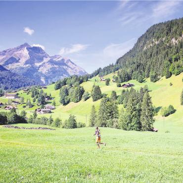Traumhafte Bedingungen am Glacier 3000 Run und Kids Run 2022 - Kontrastprogramm: Erst geht es über grüne Wiesen Richtung Gsteig …