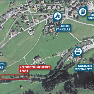 Nun darf die Saane wieder breiter fliessen - Hier fliesst die Saane nun wieder breiter: zwischen der Talstation Videmanette und der Verneys-Brücke. QUELLE: GOOGLE MAPS, VISUALISIERUNG: AVS/SUSANNE KAISER