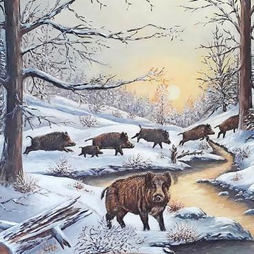 Verkaufsausstellung von Papierschnitten und Ölbildern - Ölbild «Sauen im Winter» von Kurt Hofmann. FOTOS: ZVG