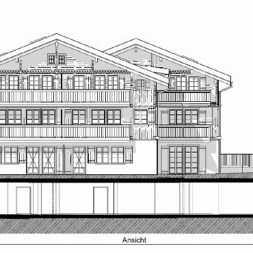 Pläne zum Alterswohnen «Daheim» mit wesentlichen Änderungen - Plan 2: Auf der Ansicht von hinten ist die vergrösserte Einstellhalle gut sichtbar. Der Nachbar wird dafür den unterirdischen Teil seines Grundstücks zur Verfügung stellen (rechts im Bild).