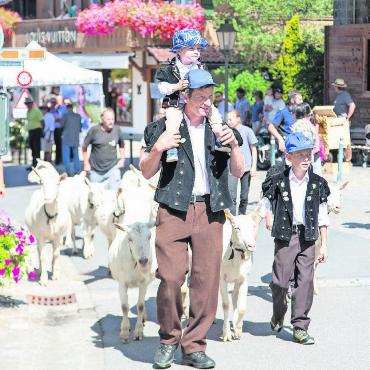 Von der Alp ins Dorf: Fotostrecke Gstaad Züglete 2023 - Nicht nur Kühe wanderten durch Gstaad, sondern auch Saanengeissen, hier mit der Familie Matthias von Siebenthal.