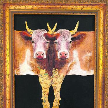 Generationenübergreifende Kunst: Vom Opa inspiriert und gefördert - «Simmentaler Kühe», 24x30cm, Mixed Media mit Blattmetall: Ein gespiegeltes Werk von einer Kuh. Entstanden im Juni 2022.