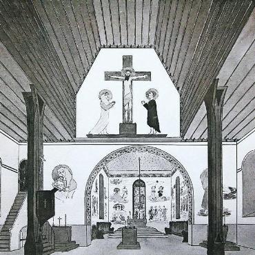 Kirchenserie Teil 2: Heilige Mauritius & Joder: der Märtyrer, der Bischof und ein Massengrab - So könnte das Innere der Mauritiuskirche zur katholischen Zeit ausgesehen haben: hinten im Chor erhöht der Hauptaltar, der u.a. dem heiligen Mauritius geweiht war, vor dem Chorbogen links und rechts sowie in der Mitte vorne Nebenaltäre.