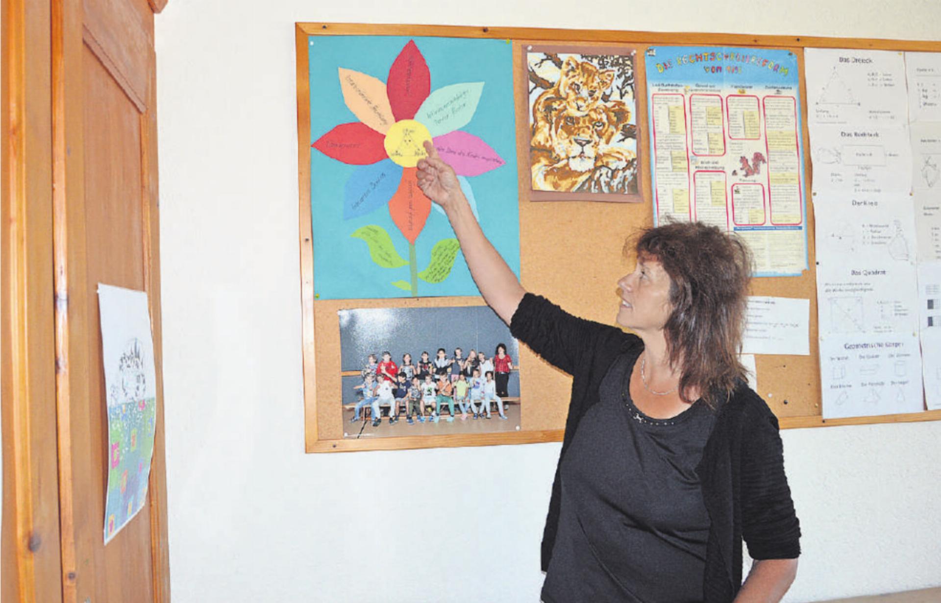 Karin Ast in ihrem Klassenzimmer, dem Reich aus Fotos, Gemälden und Tabellen. Die Blume, welche die Zusammenarbeit zwischen Lehrperson, Eltern und Kindern darstellt, ist ihr besonders ans Herz gewachsen. FOTOS: SONJA WOLF