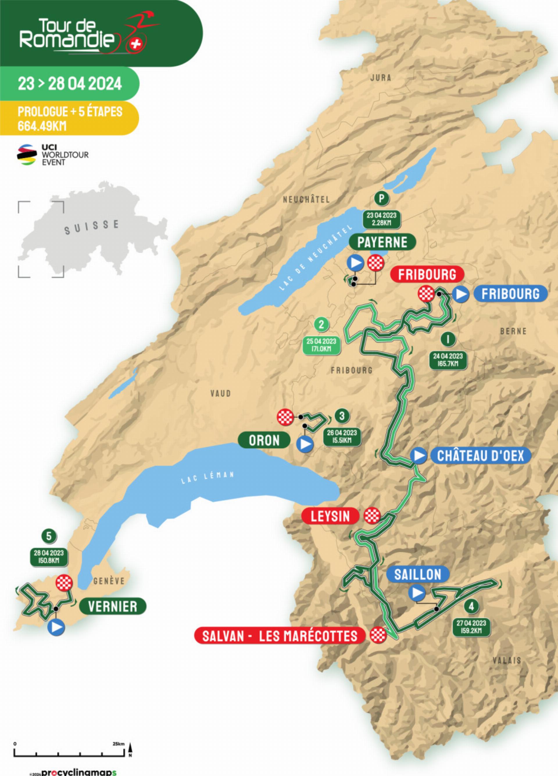 Sechs Tage, fünf Etappen: Die Tour de Romandie ist laut Generaldirektor Richard Chassot ein internationales Aushängeschild, nicht nur für die französischsprachige Schweiz. Der Start der ersten Etappe ist in Château-d’Oex. GRAFIKEN: PROGRAMME OFFICIEL 2024