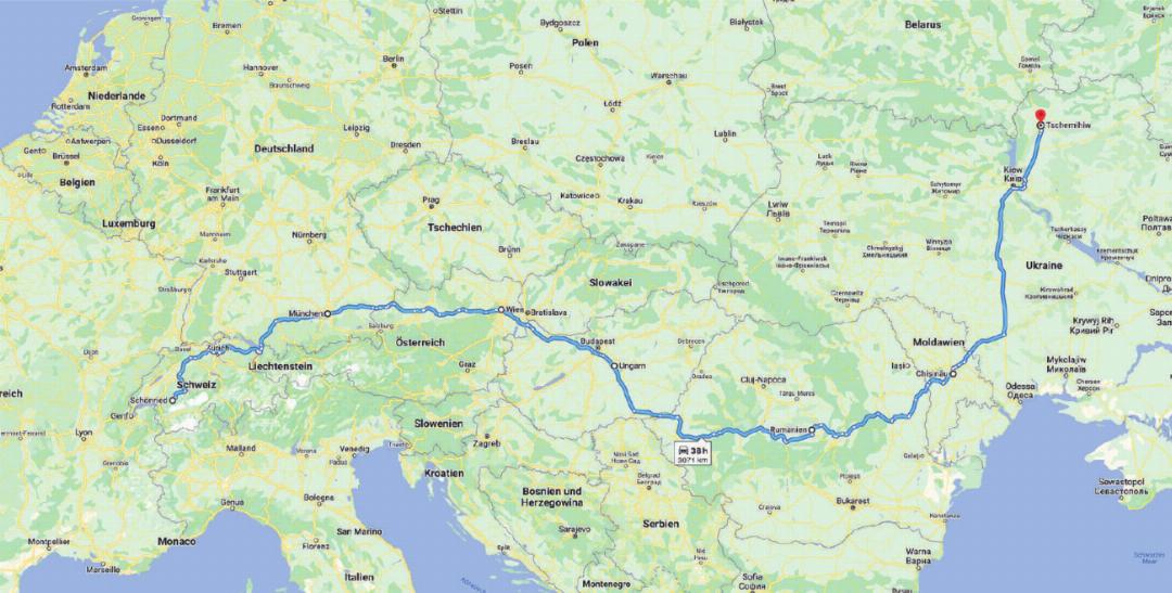 Der Weg von Tschernihiw bis Schönried erstreckte sich über 3071 Kilometer und führte durch sechs Länder: Ukraine, Moldawien, Rumänien, Ungarn, Österreich und die Schweiz. KARTE: GOOGLE MAPS