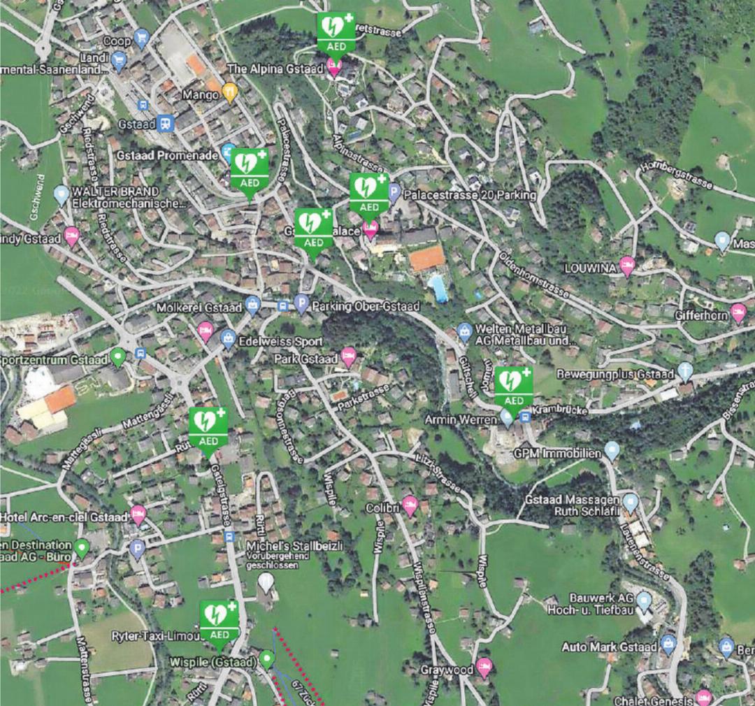 Verteilung der während 24 Stunden öffentlich zugänglichen AED-Geräte im Dorf Gstaad. KARTE: ZVG
