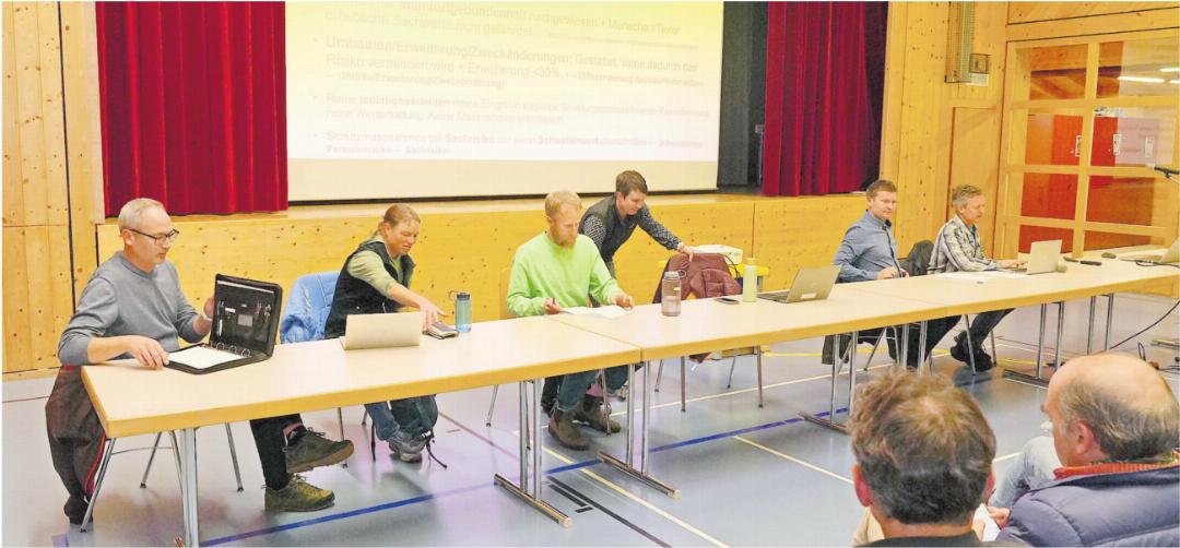 Leiteten durch den Abend: von links: Stephan Ansorge (Oberingenieurskreis), Cornelia Brönnimann (Amt für Wald und Naturgefahren des Kantons Bern), Andreas Sutter und Ursina Vetsch (Geotest AG), Gemeindeverwalter Hansueli Perreten und Gemeinderat Andreas Reichenbach. Leiteten durch den Abend: von links: Stephan Ansorge (Oberingenieurskreis), Cornelia Brönnimann (Amt für Wald und Naturgefahren des Kantons Bern), Andreas Sutter und Ursina Vetsch (Geotest AG), Gemeindeverwalter Hansueli Perreten und Gemeinderat Andreas Reichenbach.