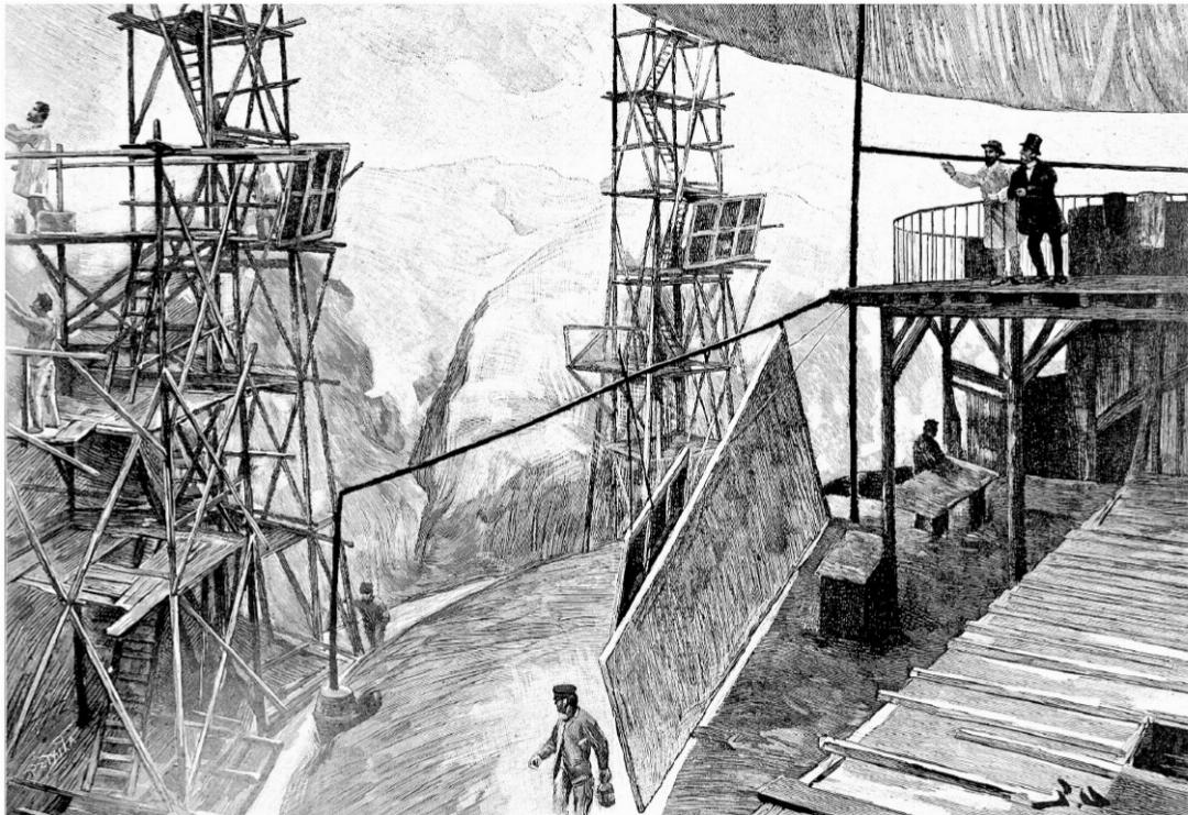 Fertigstellung des Alpenpanoramas, 1892. Auf den Malergerüsten sind die Rückseiten der Vorarbeiten zu erkennen, nach welchen die Maler die Alpenlandschaften auf die riesigen Leinwände übertrugen. AUS: VALENTINA ANKER, AUGUSTE BOVY, BENTELI VERLAG, 1991 Fertigstellung des Alpenpanoramas, 1892. Auf den Malergerüsten sind die Rückseiten der Vorarbeiten zu erkennen, nach welchen die Maler die Alpenlandschaften auf die riesigen Leinwände übertrugen. AUS: VALENTINA ANKER, AUGUSTE BOVY, BENTELI VERLAG, 1991