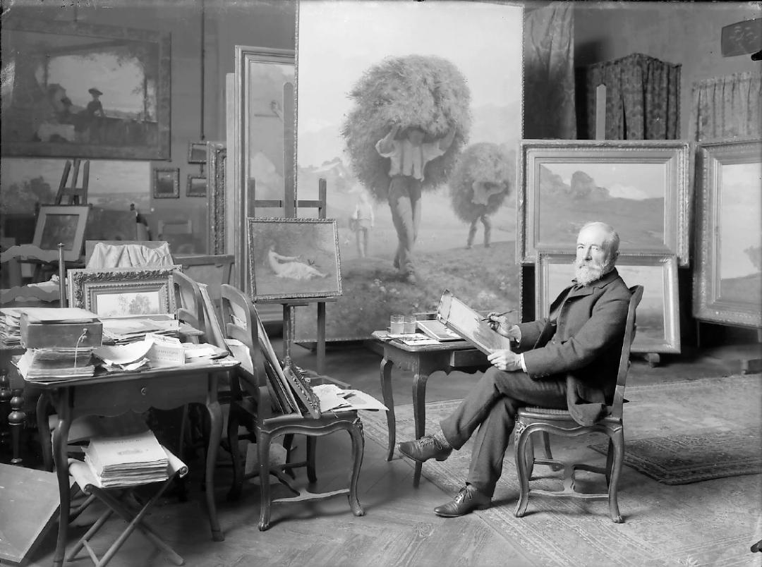 Francis Furet in seinem Atelier. Hat der Maler, hinter seiner Staffelei sitzend, das 50x65 Zentimeter grosse Bild direkt vor Ort gemalt? Oder hat er in Lauenen nur Skizzen, Entwürfe und vielleicht auch Farbstudien angefertigt, um dann im Atelier in Genf das Bild auf die Leinwand zu übertragen und auszuführen? Das ist kaum abschliessend zu beantworten. FOTO: ATELIER BOISSONNAS GENF, 1906 Francis Furet in seinem Atelier. Hat der Maler, hinter seiner Staffelei sitzend, das 50x65 Zentimeter grosse Bild direkt vor Ort gemalt? Oder hat er in Lauenen nur Skizzen, Entwürfe und vielleicht auch Farbstudien angefertigt, um dann im Atelier in Genf das Bild auf die Leinwand zu übertragen und auszuführen? Das ist kaum abschliessend zu beantworten. FOTO: ATELIER BOISSONNAS GENF, 1906