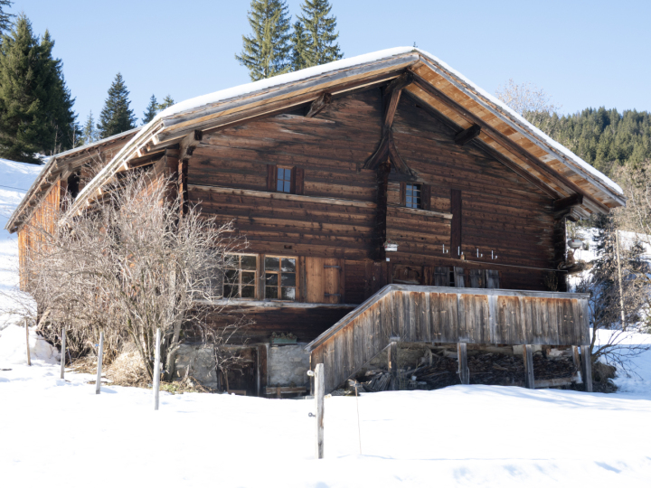 Das vermutlich in den  1450er-Jahren erbaute  Heidenhaus in der Lauenen – so genannt wegen des  Heidenkreuzes an der Giebelwand – ist das älteste Haus des Saanenlandes. Im Kreis rechts: Das gotische Spitzbogenmotiv des Türsturzes über der Eingangstür ist typisch für diese Bauepoche.  (Foto: Martin Gurtner-Duperrex )