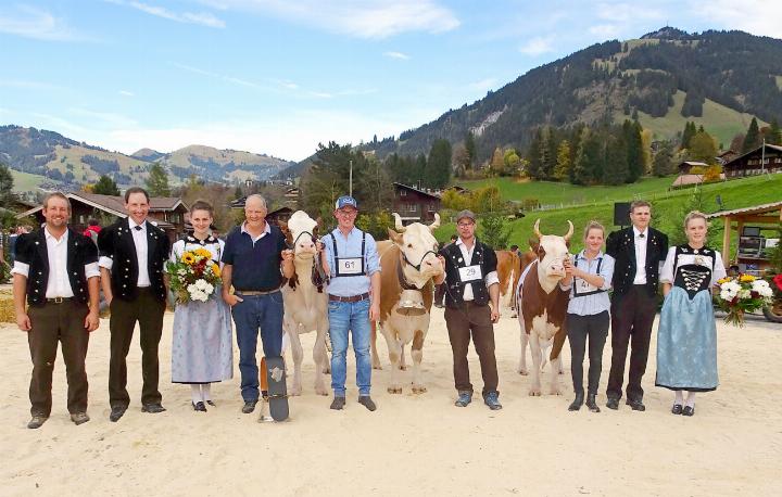 V.l. Daniel Trachsel, Präsident des Vereins Viehzüchter des Saanenlandes (VVdS), Christian Reber, Schaurichter, Erich Zingre, OK Präsident Schauplatz Gstaad, Miss RH/HO Power Faida, Timo Gobeli, Wendelin Wylona, Miss SI, Matthias von Grünigen, Kilian Unique, Miss SF, Celine Hauswirth, Ringman Hannes Oberli, begleitet von den Ehrendamen Nadine Wüthrich (l) und Loana Abbühl. FOTO: VRENI MÜLLENER