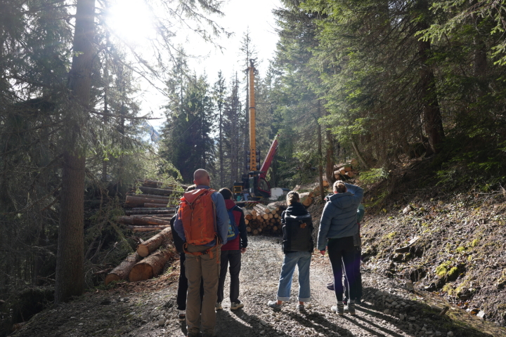 Interessiert betrachten die Schüler:innen die Holzmaschine, welche die Baumstämme in gleichgrosse Stämme zersägt. (Fotos: Paula Mittag)