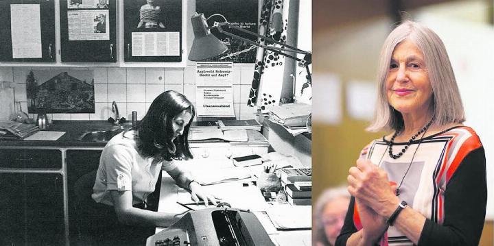 Marta Fotsch 1977 in ihrem Büro bei sich zu Hause (links) und 2016 an der Amnesty-GV. FOTOS: © AMNESTY INTERNATIONAL