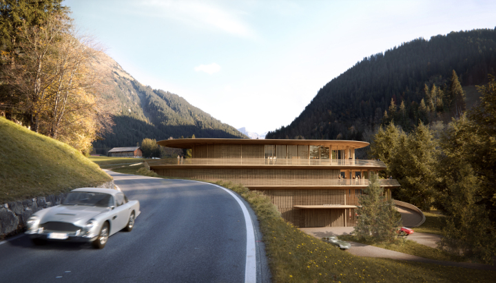 Visualisierung des geplanten Gstaad House: Mit Flachdach, umlaufender Rampe und Fassade aus Holz soll sich der Baukörper von Foster und Partners in die Landschaft einfügen.(Visualisierung: Foster und Partners)