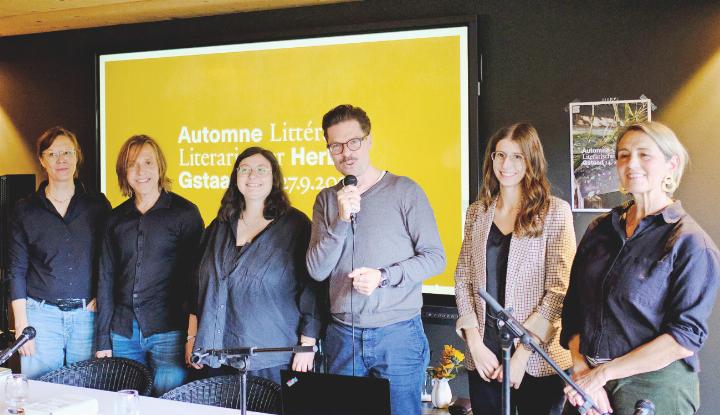 Das Team des Literarischen Herbsts Gstaad v.l.: Theres Rütschi, Klaus Breuninger, Leonora Schulthess, Markus Iseli, Noëmi Schöb und Rosa Reiter. FOTO: DOMINIQUE ULDRY
