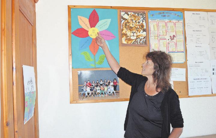 Karin Ast in ihrem Klassenzimmer, dem Reich aus Fotos, Gemälden und Tabellen. Die Blume, welche die Zusammenarbeit zwischen Lehrperson, Eltern und Kindern darstellt, ist ihr besonders ans Herz gewachsen. FOTOS: SONJA WOLF