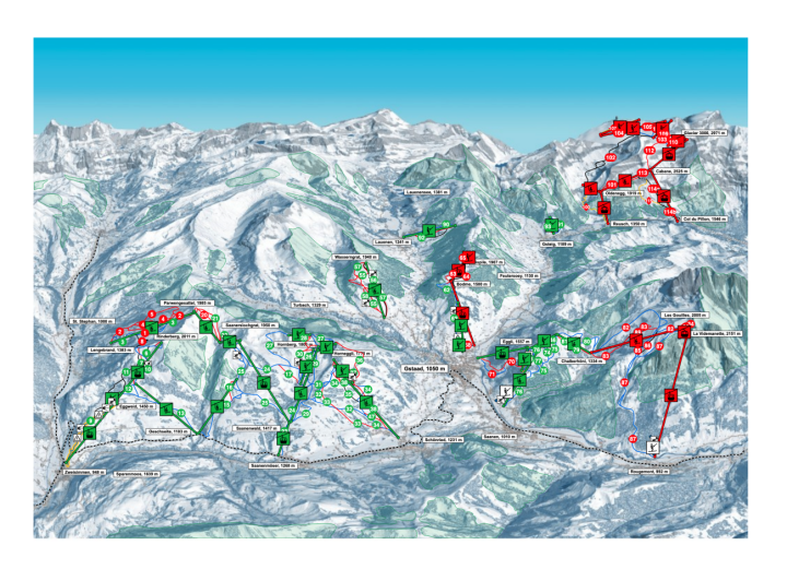 Grün dargestellt sind die geöffneten Liftanlagen, rot markiert sind die geschlossenen. GRAFIK: Gstaad.ch
