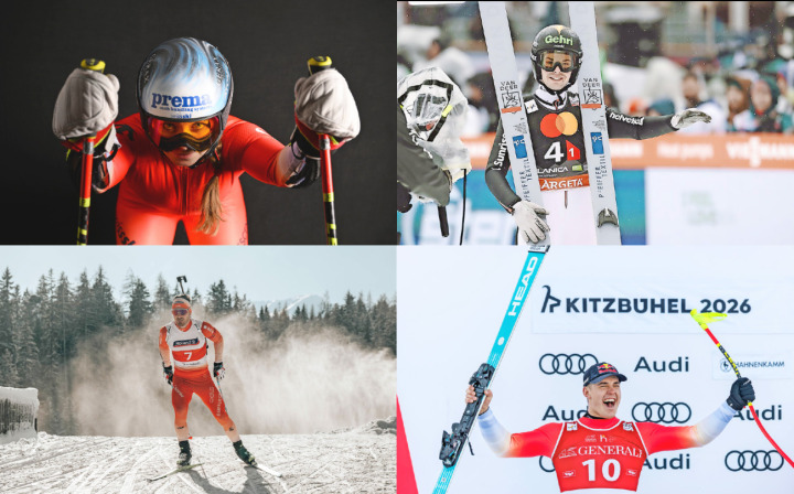 Sue Piller, Sandro Hauswirth, Joscha Burkhalter und Franjo von Allmen: Diese vier Athleten aus dem Saanenland und Obersimmental jagen in Italien nach olympischem Gold. FOTOS OBEN, VON LINKS: PHILIPPE CHEVALIER UND ZVG/FOTOS UNTEN, VON LINKS: YARA BURKHALTER UND SAMO VIDIC/RED BULL CONTENT POOL
