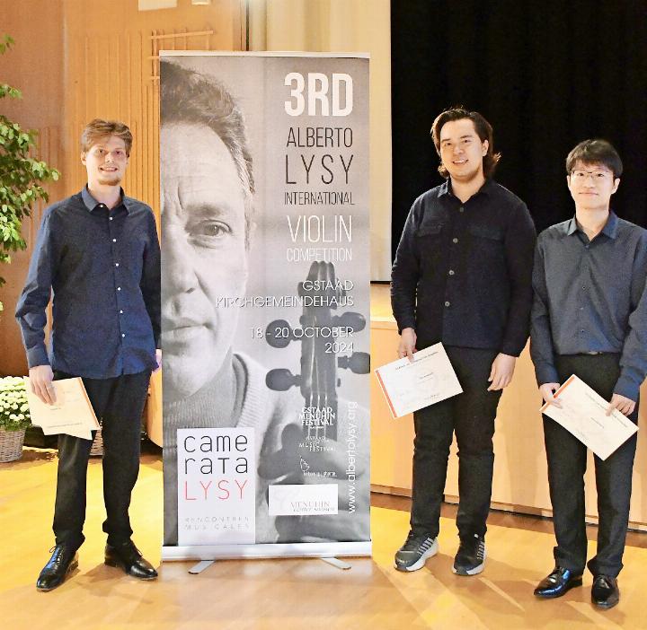 Die drei Finalisten der diesjährigen Lysy International Violin Competition, v.l.: Georgii Moroz, Elias David Moncado und Meng Zou. FOTO: ZVG