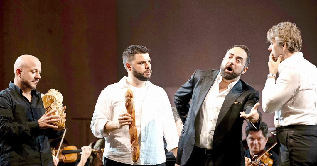 V.l. Der Philosoph Colline (Gianluca Buratto), der Maler Marcello (Lodovico Filippo Ravizza), der Musiker Schaunard (Biagio Pizzuti) und Rodolfo (Benjamin Bernheim). V.l. Der Philosoph Colline (Gianluca Buratto), der Maler Marcello (Lodovico Filippo Ravizza), der Musiker Schaunard (Biagio Pizzuti) und Rodolfo (Benjamin Bernheim).